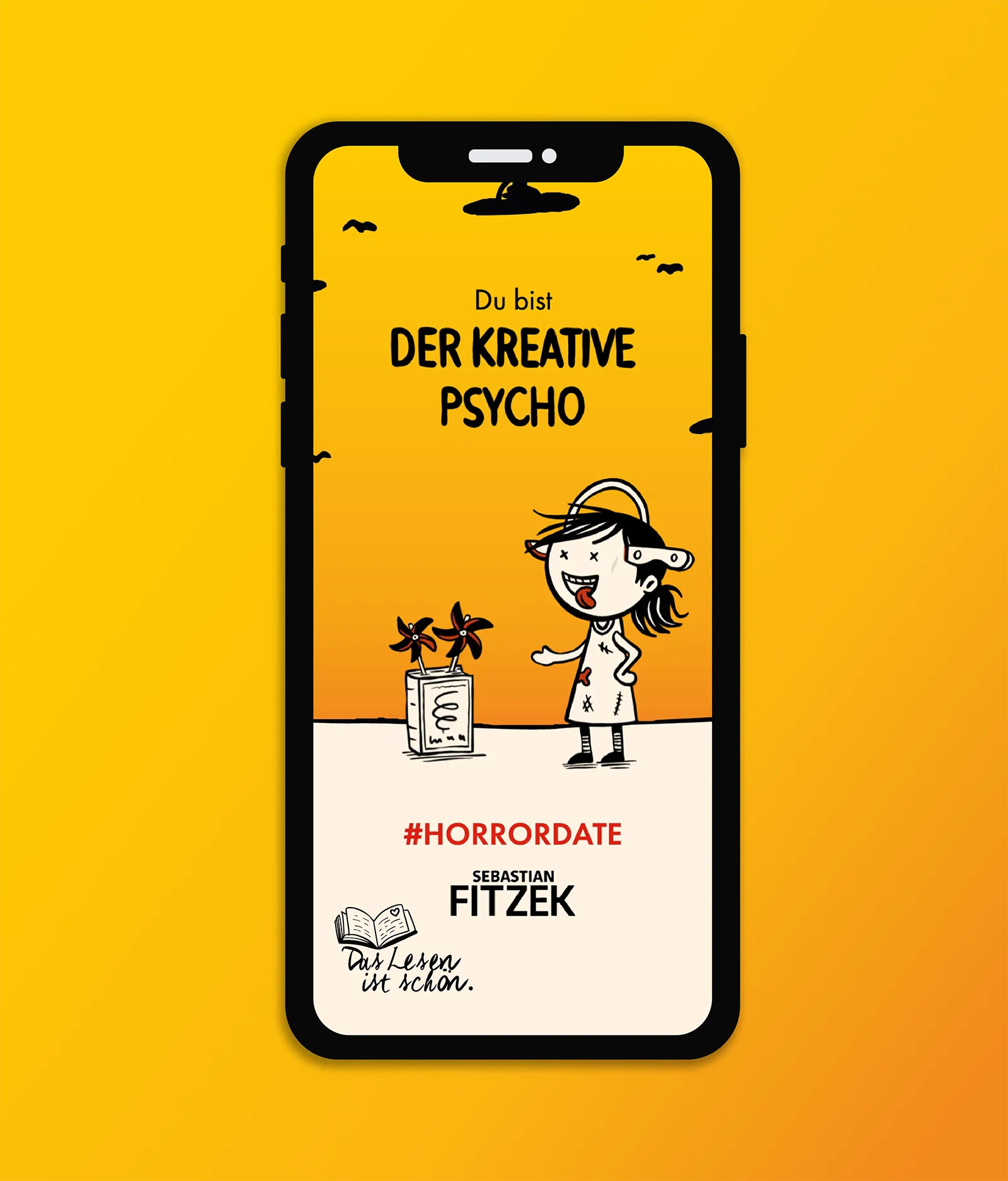Shows a mockup of the horror date app