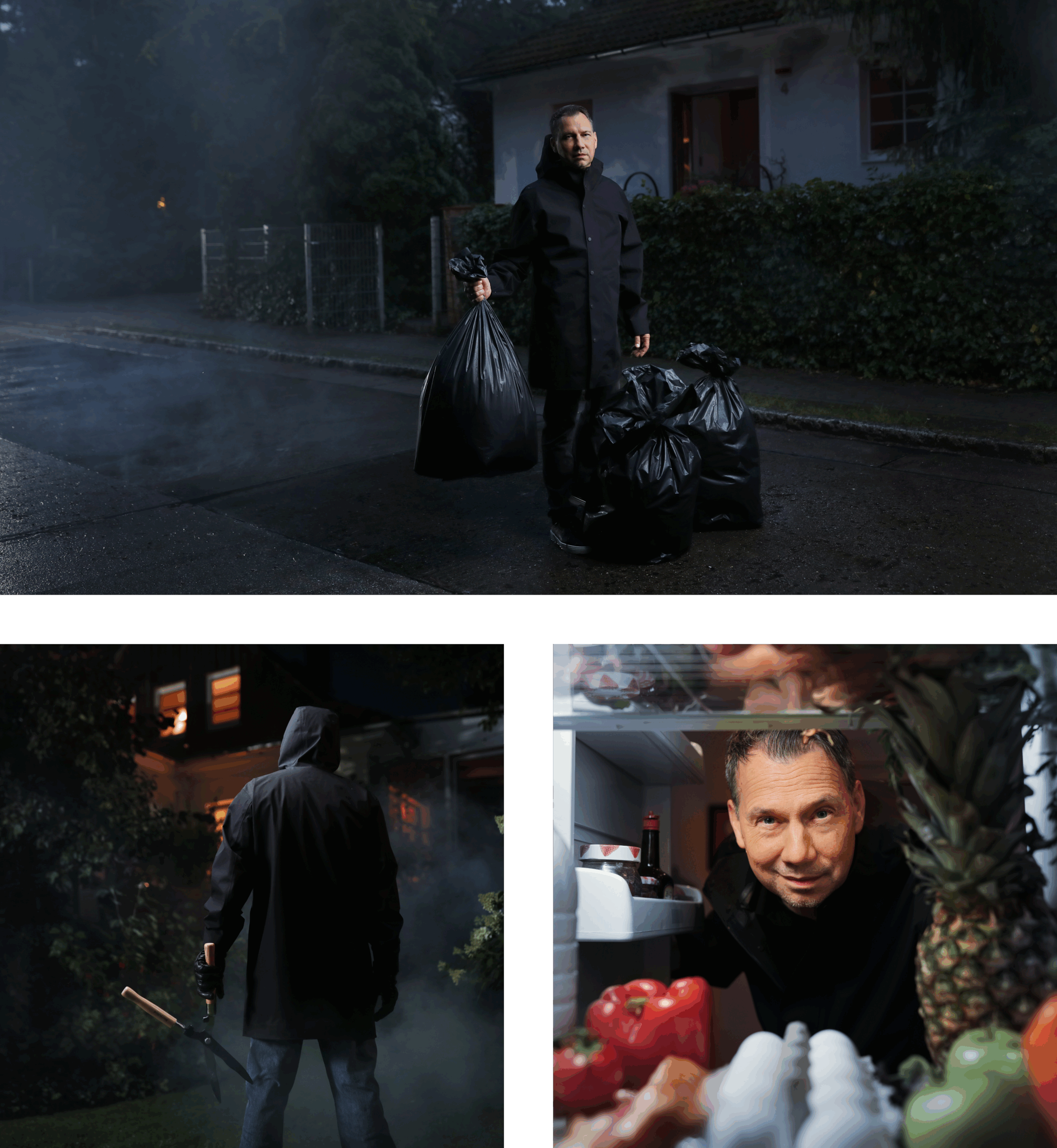 Sebastian Fitzek "The Neighbor" takes out the garbage, fills the fridge, trims the hedge - Collage